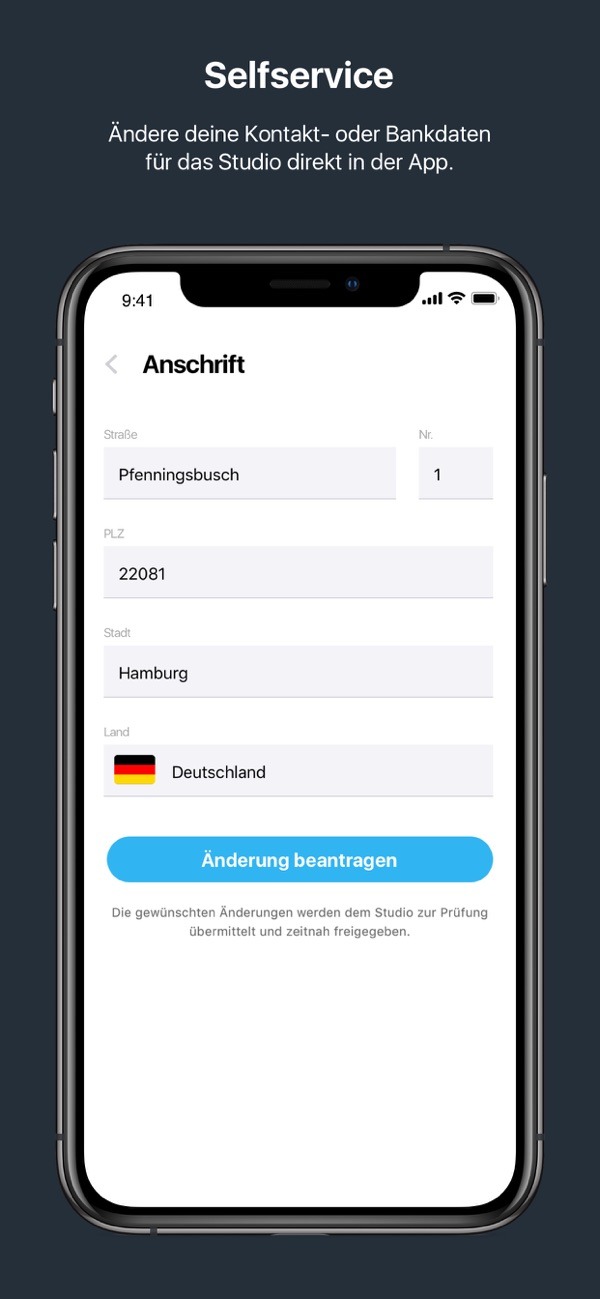 Selfservice - Ändere deine Kontakt- oder Bankdaten für das Studio direkt in der App